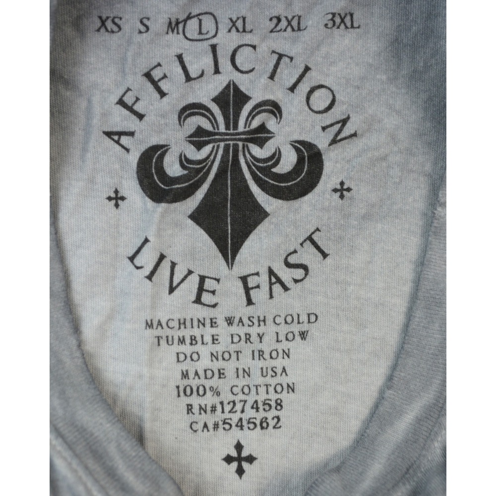 Affliction Eros SS Tee Mens Large Blue Distressed Wing Graphic T-Shirt A2242 NEW - Picture 7 of 10